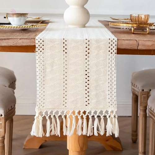 Macrame Table Runner Cream Beige Boho Table Runners with Tassels 48 Inches Long, Rustic Farmhouse Table Runners for Living Room Bridal Shower(12x48in, Fringe Included) - color: Cream Beige, size: 12"x48"