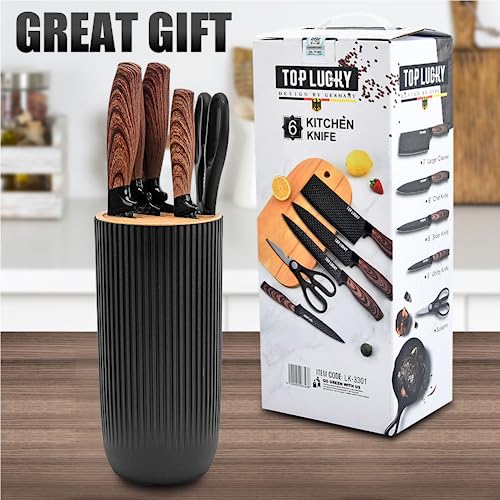 Knife Set, Wiztoynia 6-Piece Black Kitchen Knife Set for Home, Anti-Rust Non-stick Stainless Steel Sharp Chef Knife Set with Universal Knife Block for Kitchen, Ergonomical Design (Black) - color: Black
