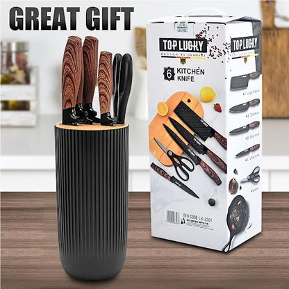 Knife Set, Wiztoynia 6-Piece Black Kitchen Knife Set for Home, Anti-Rust Non-stick Stainless Steel Sharp Chef Knife Set with Universal Knife Block for Kitchen, Ergonomical Design (Black) - color: Black