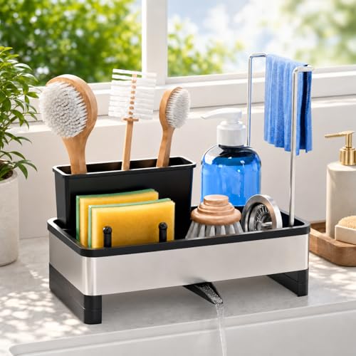 Laveshop Sponge Holder for Kitchen Sink, Rustproof Stainless Steel Sink Caddy with Auto-Drain, Removable Brush Holders, Soap and Dishcloth Organizer, Black - color: Black