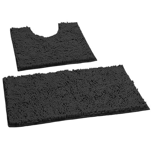 LuxUrux Bathroom Rugs Sets 2 Piece: Quick Dry, Soft Plush Anti-Slip, Super Absorbent. Includes Rectangular (31x20 inches) & U-Shaped Toilet Mat (20x20 inches) | Black - color: Black, size: 2 Piece Set