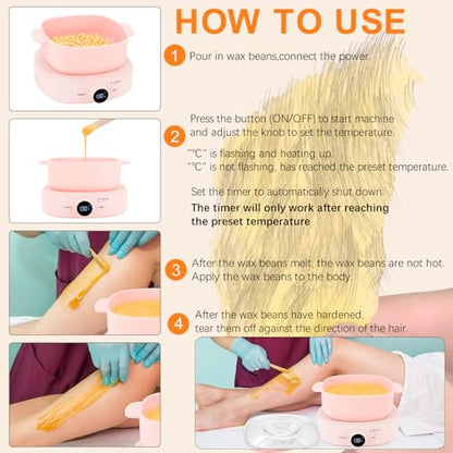 Digital Hair Removal Wax Warmer, Adjustable Temperature Waxing Machine for Women Hair Removal, Face, Bikini, Legs and Body, with Silicone Wax Pot Liner (Pink) - color: Pink