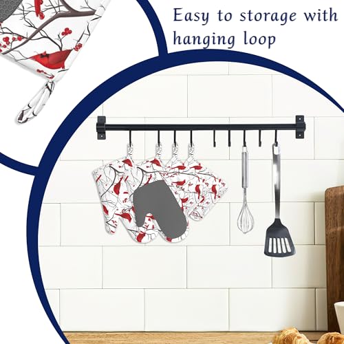 Cardinal Birds Pot Holders and Oven Mitts Set Silicone Bird Red Berry Kitchen Gloves Potholders Heat Resistant Washable,Chef Cooking Baking Gifts for Women Men Bakers Lover Cooks - color: Cardinal Birds,bird Red Berry