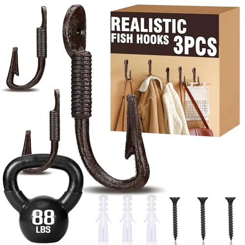 Duraaamo 3 Pcs Realistic Fish Hooks for Hats Solid Cast Iron Rustic Brown Fish Hook Wall Mount 4.5" x 2" Coastal Themed Wall Hangers for Coats Bags Keys - color: Rustic Brown