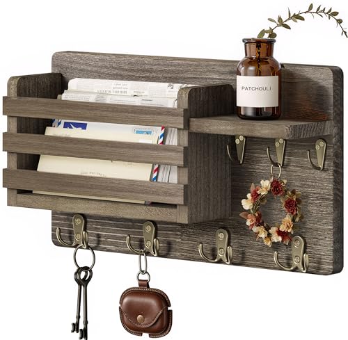 Key Holder Wall Mount with Mail Organizer, 16" L x 5" W x 9.1" H Oversized Keys Hanger Rack with Shelf and 7 Hooks, Wood Wall Organizer for Wallet, Dog Lesh (Brown) - color: Brown
