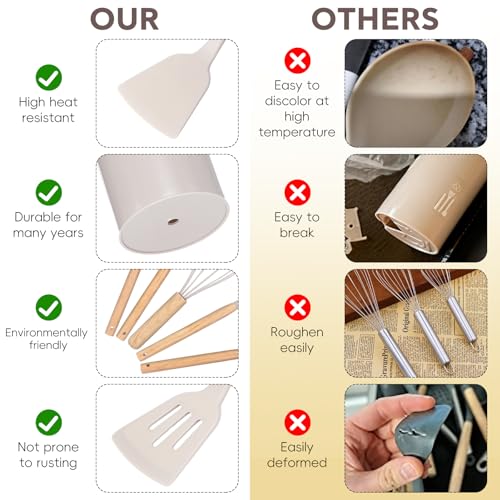 12 Pcs Kitchen Utensils Set, 446°F Heat Resistant Silicone | Non-Toxic Wooden Cooking Tools for Nonstick Cookware, Khaki Kitchen Gadgets Set, Accessories for Daily Cooking & Baking