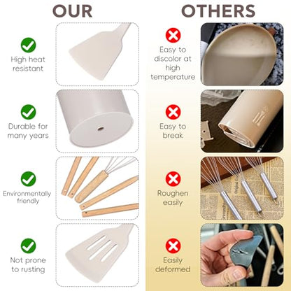 12 Pcs Kitchen Utensils Set, 446°F Heat Resistant Silicone | Non-Toxic Wooden Cooking Tools for Nonstick Cookware, Khaki Kitchen Gadgets Set, Accessories for Daily Cooking & Baking