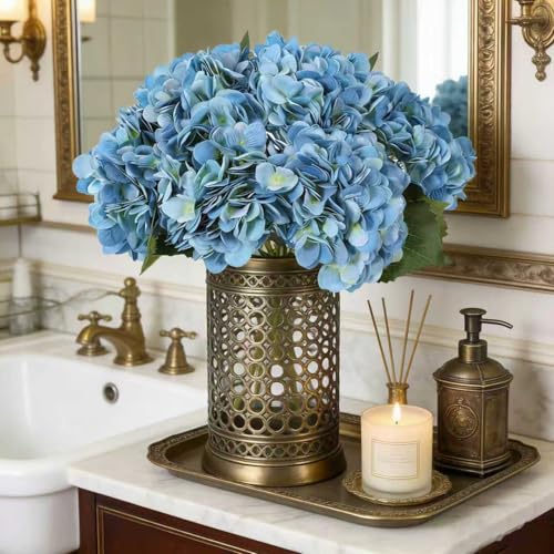 Kimura's Cabin 6pcs Hydrangea Artificial Flowers Silk Faux Hydrangeas,Blue | Hydrangea with Stems Fake Flower,Wedding Bouquets Arrangement,Home Table Centerpieces,Baby Shower Party Decor Vase Filler - color: Lake Blue