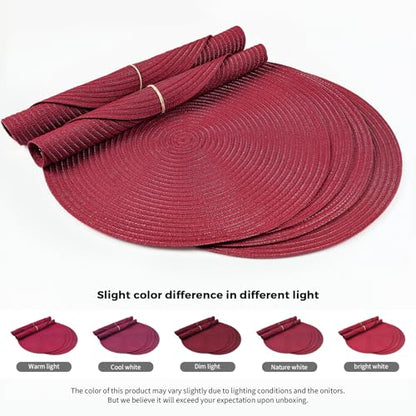FunWheat Round Braided Placemats Set of 6 Place mats for Dining Tables Woven Heat Resistant Table Mats 15 inch (Wine) - color: Solid Wine, size: 6pcs