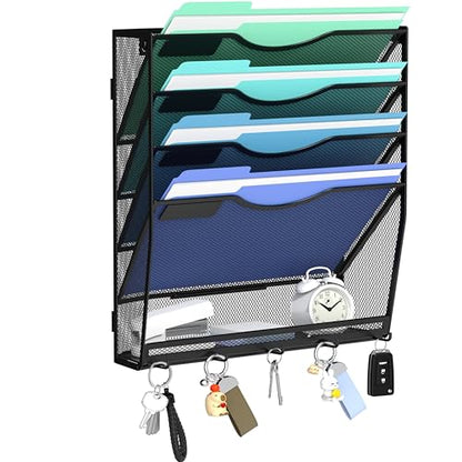 Gawerk 5-Tier Hanging Wall File Organizer with 5 Hooks - Wall Mounted Mail Paper Document Folder Holder, Sturdy Mesh Magazine Rack for Office Home - size: 4+1 Tier