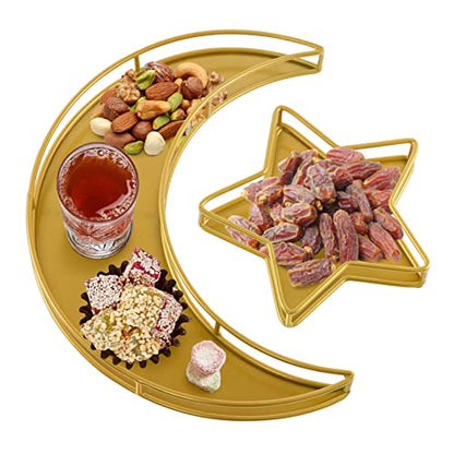 2PCS Ramadan Serving Trays Decorations for Home - Moon Star Shaped Eid Mubarak Table Decor Gifts, Islam Muslim Al-Fitr Iftar Party Crescent Iron Platters Dishes (Hollowed-Out) - style: Hollowed-out