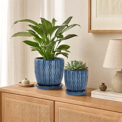 Ceramic Plant Pots, Modern Flower Pots, Small Plant Pots 4.5+5.5inch | Flower Pots Indoor Planters with Drainage and Tray, Modern Indoor Plant Pots for Home and Office, Small Planters - color: Blue