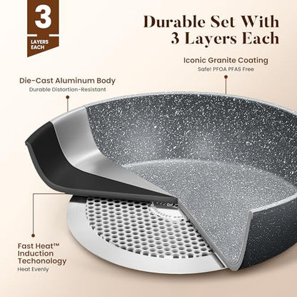 Kitchen Academy Granite Pots and Pans Set Non Stick, Induction Cookware | 17-Piece Gray Cooking Pans and Pots Set, PFOA & PFOS Free. - color: Gray, size: 17 PCS Cookware Set
