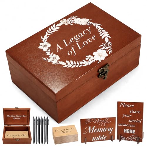 ZYNERY Wooden Memory Keepsake Box for Funeral,115pcs Celebration of Life Memory Cards Set Memorial A Legacy of Love Storage Box Decorative Gift for Burial Anniversary（Forget-me-not）