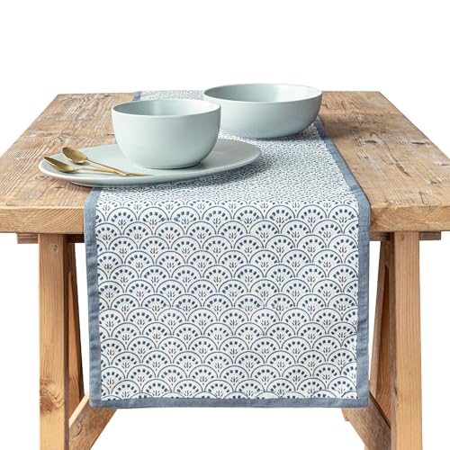 Over&Back 18x108 Hand-Blocked Printed Cotton Table Runner - Washable Table Runners for a Custom Home Decor Tablescape - Perfect for Coffee Table, Dinner Table, Living Room, and More - Blue Arch - color: Blue Arch, size: Runner | 18x108