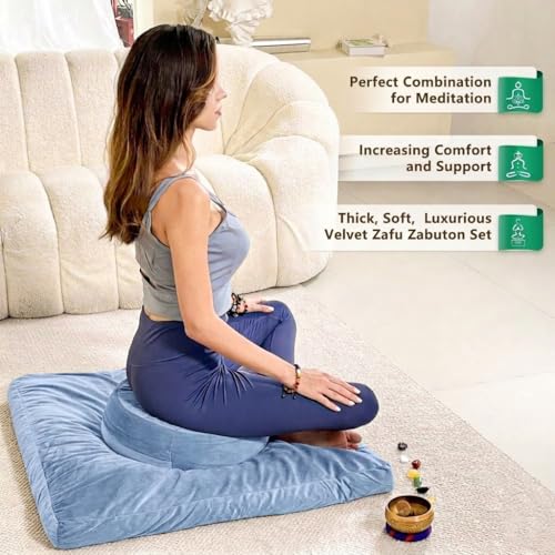 Hihealer Meditation Cushion, Traditional Tibetan Meditation Pillow Velvet Cover - Large Floor Cushion Seating for Adults - Yoga Buckwheat Bolster for Women、Moms - color: Restful Blue(set)