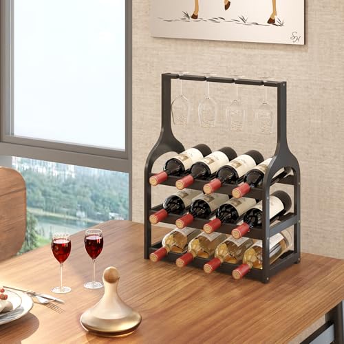 Bamboo Wine Rack Countertop, Small Free Standing Racks Tabletop Display | 12 Wine Bottles and 4 Glass Holder | Wooden Wine Storage Organizer Shelves for Kitchen Bar, Cellar, & Dining Room | Black - color: Black With Glass Holder