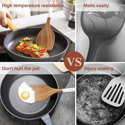 Wooden Spoons For Cooking, 6 Pieces Natural Acacia Wooden Cooking Utensils or Non-Stick Wood Kitchen Utensil Set for Kitchen Essentials, Wooden Cooking Utensils Set with Hanging Hole, White - color: White