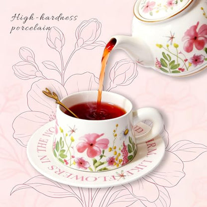 Tea Cup Set with 2 Cups & Saucers, 9.5 OZ Espresso Coffee Mugs | Vintage Ceramic Teacup and Saucer Set with 2 Spoons for Coffee, Tea, Latte, Cappuccino & Creative Drink Serving