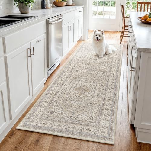 3x7 Washable Hallway Runner Rug - Non-Slip Vintage Kitchen Rugs Beige Gray | Low Pile Thin Wide Carpet for Entryway Soft Pet-Friendly Floor Mat for Bedroom Bathroom Laundry Indoor Decor - color: Beige/Gray, size: 3' x 7' (Rectangular)