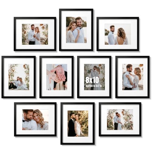 8x10 Picture Frame Black Set of 10, Display 5x7 with Mat or 8 x 10 Without Mat Picture, Photo Frame Collage for Wall Gallery or Table Deco, Hanging or Tabletop Display - color: black, size: 8x10