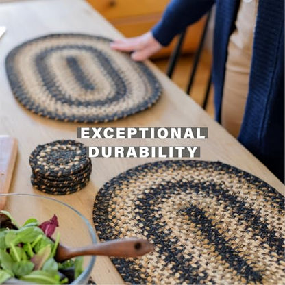 Homespice Kilimanjaro Jute Braided Placemats, Rect 13x19 Set of 6 | Black and Tan Everyday and Holiday Table Mats, Rich Colors, Reversible, Durable and Easy to Clean - color: Kilimanjaro