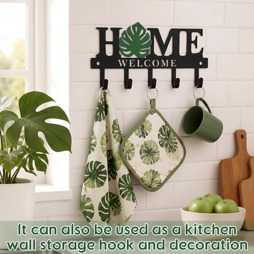 Key Holder Wall Mount Monstera Leaf Metal Key Hooks Organizer with 5 Hooks Rustic Farmhouse Welcome Home Wall Hook Tropical Boho Decor for Entryway Bathroom Hallway Living Room 9.8 Inch - style: Monstera