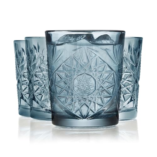 Libbey Hobstar Double Old Fashioned Glasses, Blue Colored Cut Glass Drinking Glasses Set of 4, Durable, Vintage Whiskey Glasses for Cocktail, Drinks - color: Hobstar Blue