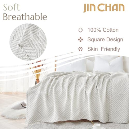 jinchan 100% Cotton Muslin Blanket Twin Boho Throw Blanket 50x60 Stone Gray | 3-Layer, Dotted Diamond Quilt, Cooling Breathable Lightweight, for Adult, Soft, Reversible, Summer, Couch, Sofa, Bedroom - color: B. Square Grey, size: 50"x60"