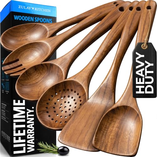 Zulay Kitchen 6 Piece Wooden Spoons for Cooking – Natural Teak Wooden Utensil Set, Easy to Clean, Durable, Smooth with Comfort Grip - Non Toxic Wooden Cooking Utensil Sets - size: 6 Piece