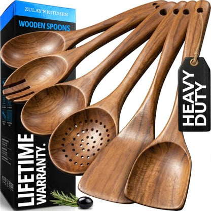 Zulay Kitchen 6 Piece Wooden Spoons for Cooking – Natural Teak Wooden Utensil Set, Easy to Clean, Durable, Smooth with Comfort Grip - Non Toxic Wooden Cooking Utensil Sets - size: 6 Piece