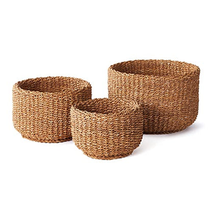 Set of 3 Woven Sea Grass Storage Baskets Cylinder 18 15 12 in Natural Spa Towel