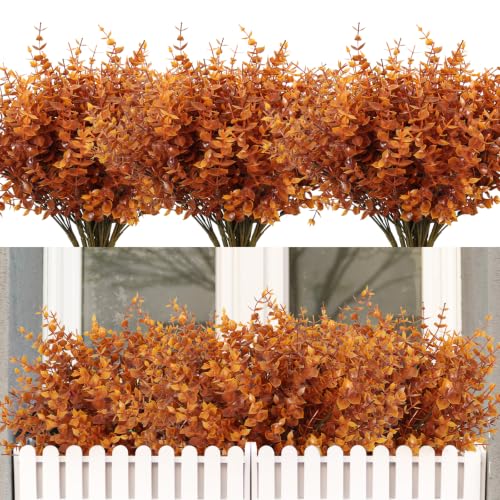 RECUTMS 12Pcs 13.8" Artificial Fall Plants Faux Outdoor Plants Fake Bushes | Autumn Artificial Greenery Stems,Brown Faux Boxwood Shrub Fake Eucalyptus for Fall Thanksgiving Outside Porch Front Door - color: Brown Eucalyptus, size: 12 Pcs