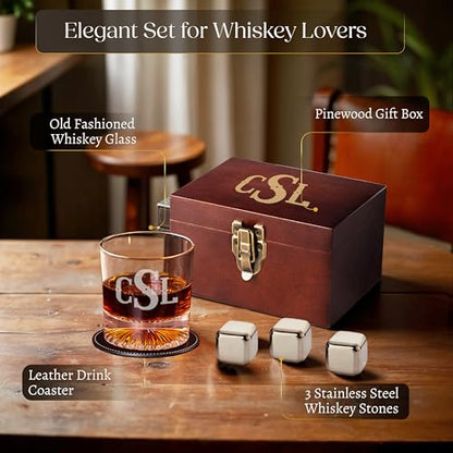 Custom Monogram 3 Initials Whiskey Gift Set, Glass, Wood Box, Him | Dot Design, Leather Coaster, Stainless Steel Stones, Personalized Design, Gift For Men, Husband Present, Dad Idea