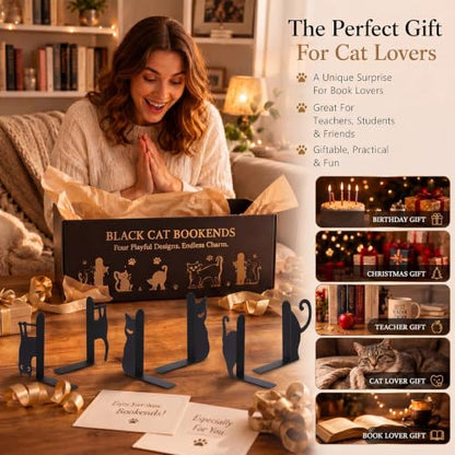 8 Pcs Black Cat Metal Bookends Set of 4 Cute Book Ends for Shelves Decorative Bookshelf Home Office Desk Bookshelf Decor Gift for Cat Lovers and Reading Enthusiasts - style: Various Cats