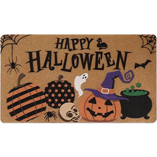 Happy Halloween Jack O'Lantern Doormat Spooky Indoor Outdoor Home Front Porch Rugs Witches Hat Brewing Carpet Gift Fall October Entrance Ornament Supplies 17 x 30 Inches - color: Happy Halloween Doormat