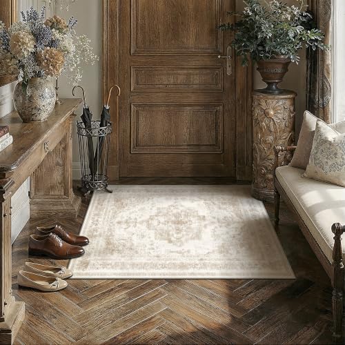 2x3 Entryway Area Rug Beige Vintage Distressed Netural Carpet | Washable, Non-Slip, Low Pile, Soft Durable, Medallion Indoor Rug, Bedroom, Kitchen, Bathroom, Doormat - color: Antique Beige, size: 2' x 3' (Rectangular)
