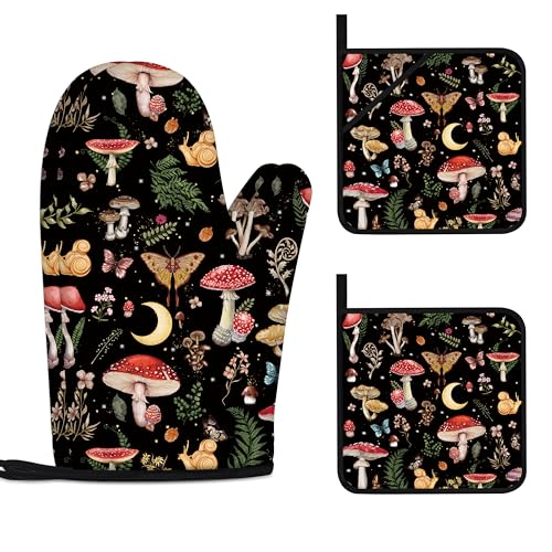 Mushroom Oven Mitts and Pot Holders Sets Cute Oven Gloves Heat Resistant 4 Pcs Funny Decorative Kitchen Hot Pads and Mitts for Baking Cooking Grilling - color: Black Red