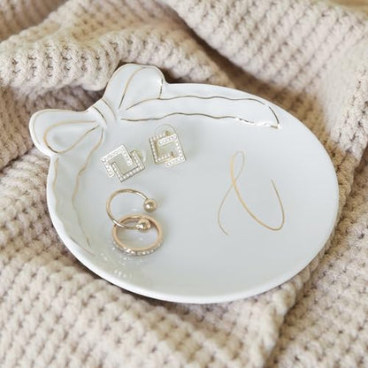 COLLECTIVE HOME Ceramic Jewelry Tray, Monogram Trinket Dish with Bow (C) | Mothers Day Graduation Christmas Birthday Gifts for Women, Bridesmaid Proposal Gifts, Features Real Gold Trim & Gift Box - color: C