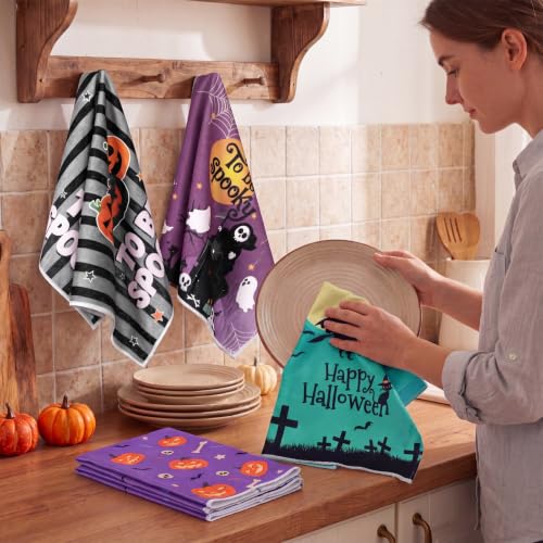 Fourluoo 8 Pcs Halloween Kitchen Towels, Halloween Decorative Hand Pumpkin Dish Towels Set Spooky Tea Cloths for Home Kitchen Bathroom Decor, 16 x 24 Inch - style: Pumpkin