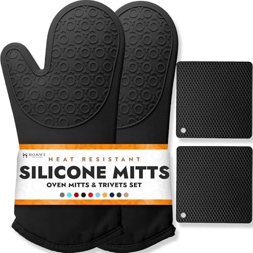 BPA-Free Soft Silicone 4 Piece Oven Mitts & Trivets Set - Ultra Heat Resistant Oven Mitts with Thick Cotton Liner - Long Slip Resistant Pot Holders, Flexible Oven Gloves - Black - color: Black, size: 4-Piece Oven Mitts & Trivets Set