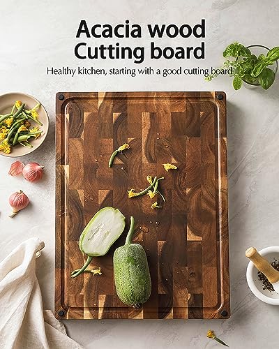 XINZUO Large Thick End Grain Acacia Wood Cutting Board- (19''L x 14''W x 1.5''T) Reversible Wooden Chopping Board with Non-Slip Feet, Built-in Handles and Juice Groove- Butcher Block Cutting Board - size: 19"L x 14"W