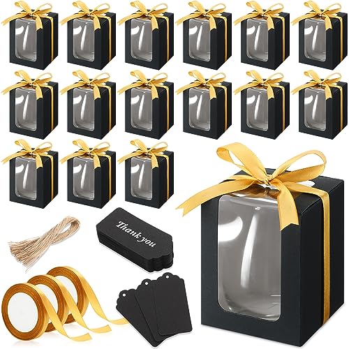 Fulmoon 50 Pack Gift Boxes for Wine Glass Transparent Gift 9 oz Stemless Glass Paper Packaging Box with Ribbon Tag Hemp Rope for Wedding Bridal Shower Baby Shower Birthday(Black) - color: Black