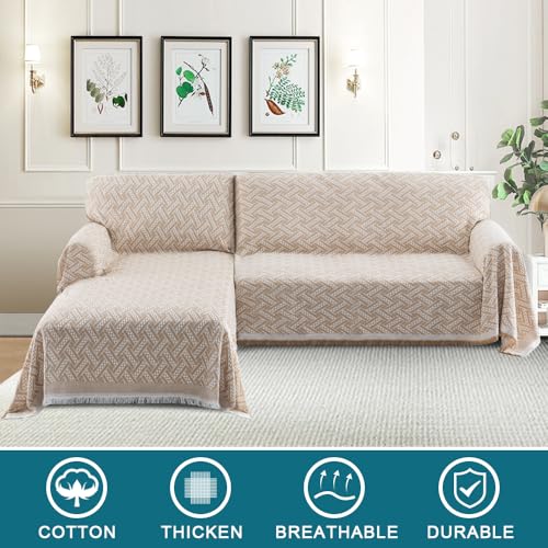 Turquoize Sectional Couch Covers L Shape Couch Cover Sectional Sofa Cover Washable 2 Pieces Blanket for Sectional Sofa Feature Geometrical Woven Jacquard Fabric (71" x 102"+63" x 110", Khaki/White) - color: Khaki/White, size: Small Sectional: 71" x 102"+6