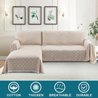 Turquoize Sectional Couch Covers L Shape Couch Cover Sectional Sofa Cover Washable 2 Pieces Blanket for Sectional Sofa Feature Geometrical Woven Jacquard Fabric (71" x 102"+63" x 110", Khaki/White) - color: Khaki/White, size: Small Sectional: 71" x 102"+6