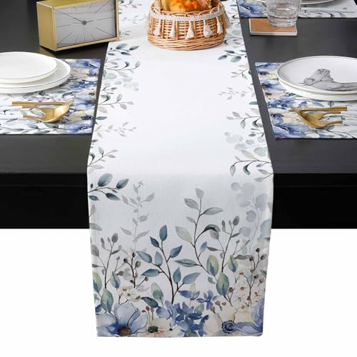 Table Runner and Placemats Set of 6 Blue Flowers Eucalyptus Leaves Decorative Dining Table Runner with Matching Placemats Branch Plant Table Decor for Kitchen Dining Room and Everyday Use 13x90in - size: 13"x90"+6pcs