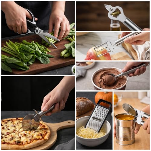 LIANYU Stainless Steel Cooking Utensils Set, 31 PCS Metal Kitchen Utensils | Non-toxic Complete Kitchen Tools with Holder, Include Spatula, Turner, Spoon, Potato Pusher, Heat Resistant & Dishwasher Safe