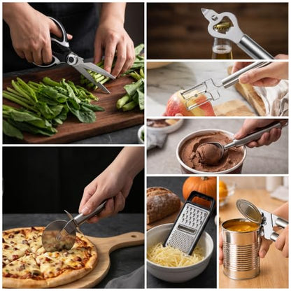 LIANYU Stainless Steel Cooking Utensils Set, 31 PCS Metal Kitchen Utensils | Non-toxic Complete Kitchen Tools with Holder, Include Spatula, Turner, Spoon, Potato Pusher, Heat Resistant & Dishwasher Safe