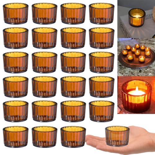 GOLDEAL Amber Tealight Candle Holder,Set of 24 Thick Glass,Tea Light Holders Bulk,Votive Candle Holders,for Wedding Table Decor,Party Supplies,Bridal/Baby Shower Decorations,Centerpieces for Tables - color: Amber