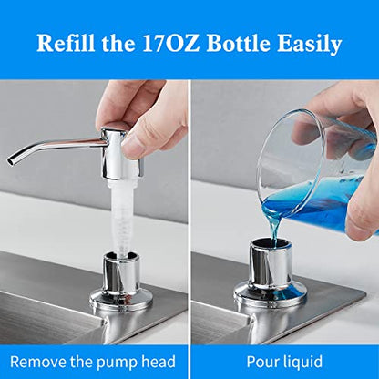 Built in Soap Dispenser for Kitchen Sink, Chrome Stainless Steel Countertop Pump Head (Plastic Inside), Dish Soap Hand Lotion Dispenser with Refillable 17OZ Bottle - color: Chrome